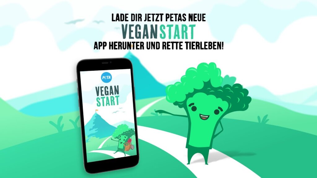 Veganstart App Anzeige. Animierter Brokkoli steht auf einem Weg, neben einem Smartphone.