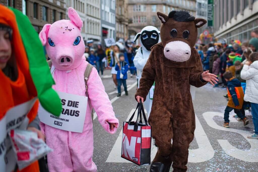 Faschingsumzug mit Tierkostuemen.