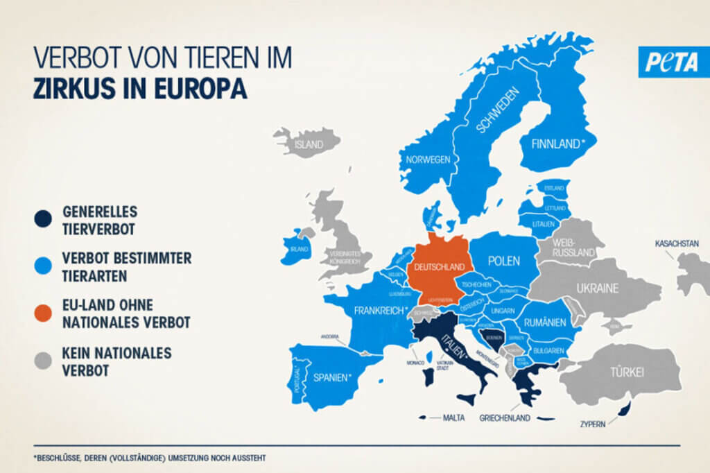 Grafik. Europakarte mit Verboten von Wildtieren in Zirkussen.