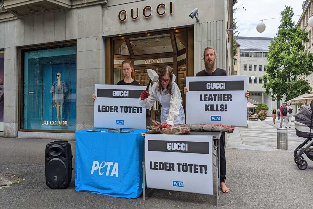 Peta Demo in Zürich vor einem Gucci-Store, wo Demonstrierende das Erschlagen einer Schlange für Leder nachahmen.